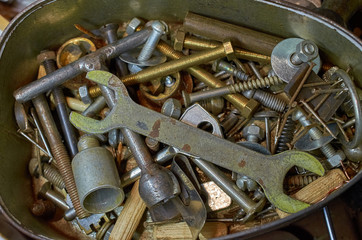 old tools, nails, screws, nuts, wrenches