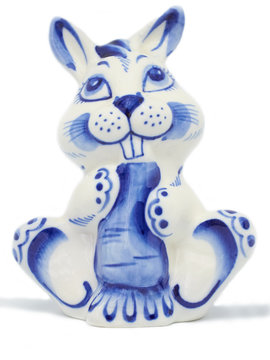 ceramic statuette hare with carrot Gzhel isolated white background