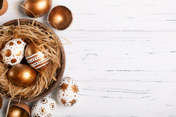 Happy Easter. Congratulatory easter background. Easter eggs and flowers. Background with copy...
