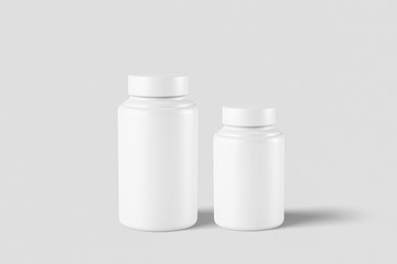 Realistic Plastic Bottles Mock Up for pills or other pharmaceutical preparations Template. 3D rendering.