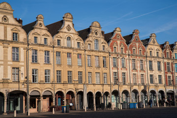 Fototapeta na wymiar Facades of typical Flemish medieval houses in a square of Arras in France