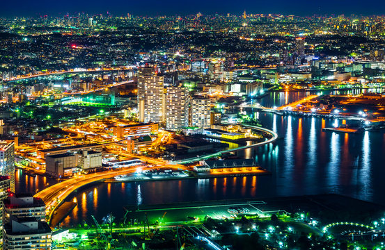 city skyline aerial night view in Yokohama, Japan © voyata