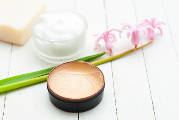 Beauty products and hyacinth