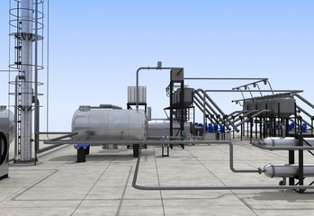 oil refinery, chemical production, waste processing plant, exterior visualization, 3D illustration