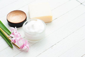 Beauty products and hyacinth