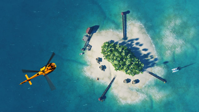 Summer tropical island. Small helicopter flying above private paradise tropical island with palm trees, bungalows and yachts. Luxury life concept. Traveling holiday background