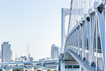 city skyline of tokyo bay, rainbow bridge in odaiba, Japan