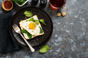 Toast with cream cheese, spinach and fried egg, top view.