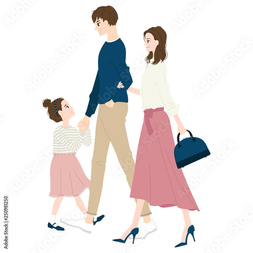 家族のイラスト 楽しそうに歩いている若い夫婦と幼い女の子 Blue Wall Mural Bl Yukimco