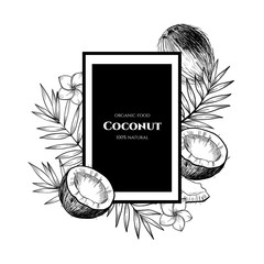 Vector frame with coconuts and tropical leaves .Hand drawn. Vintage style