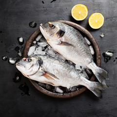 Fresh uncooked dorado or sea bream fish with lemon .