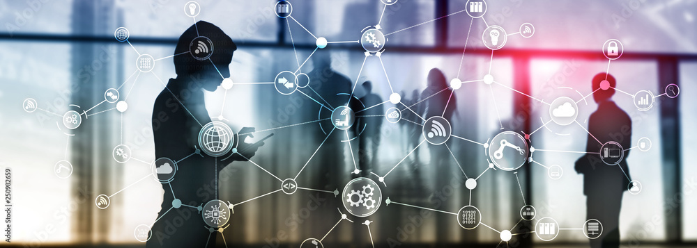 Poster technology industrial business process workflow organisation structure on virtual screen. iot smart 