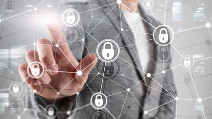 Cyber security, information privacy, data protection concept on modern server room background. Internet and digital technology concept