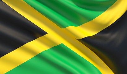 Flag of Jamaica. Waved highly detailed fabric texture. 3D illustration.