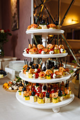Variety assortment of different luxury food snacks and appetizers, concept of decorated catering banquet set, on a party event celebration
