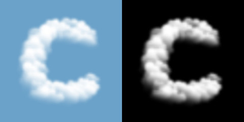 Alphabet uppercase set letter C, Cloud or smoke pattern, illustration isolated float on blue sky background, with opacity mask, vector eps 10