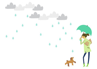 レインコートを着た人物。 梅雨のシーズンのクリップアート。 傘をさす男女。 雨のイメージ。 天気のイラスト。