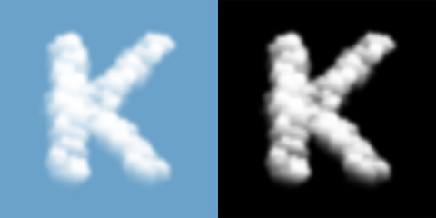 Alphabet uppercase set letter K, Cloud or smoke pattern, illustration isolated float on blue sky background, with opacity mask, vector eps 10