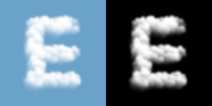 Alphabet uppercase set letter E, Cloud or smoke pattern, illustration isolated float on blue sky background, with opacity mask, vector eps 10