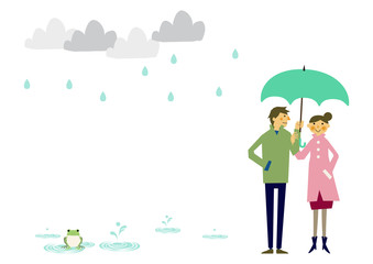 レインコートを着た人物。 梅雨のシーズンのクリップアート。 傘をさす男女。 雨のイメージ。 天気のイラスト。