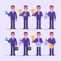 Businessman holds money and various objects. Character set