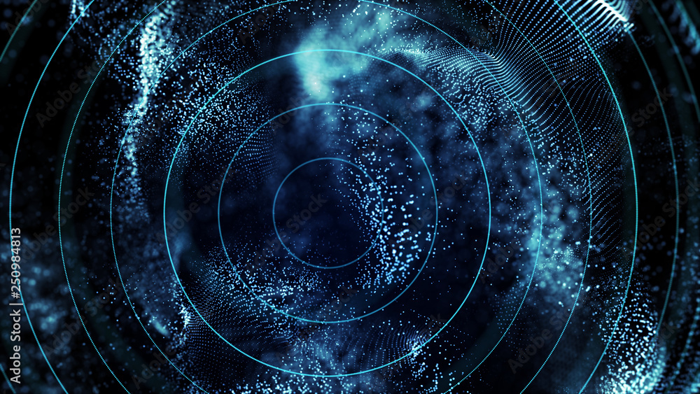 Poster Futuristic orbit in space. Abstract system of science and technology in form of sphere. Array with dynamic particles. 3D rendering.