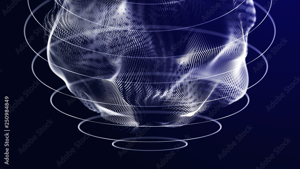 Poster Futuristic orbit in space. Abstract system of science and technology in form of sphere. Array with dynamic particles. 3D rendering.