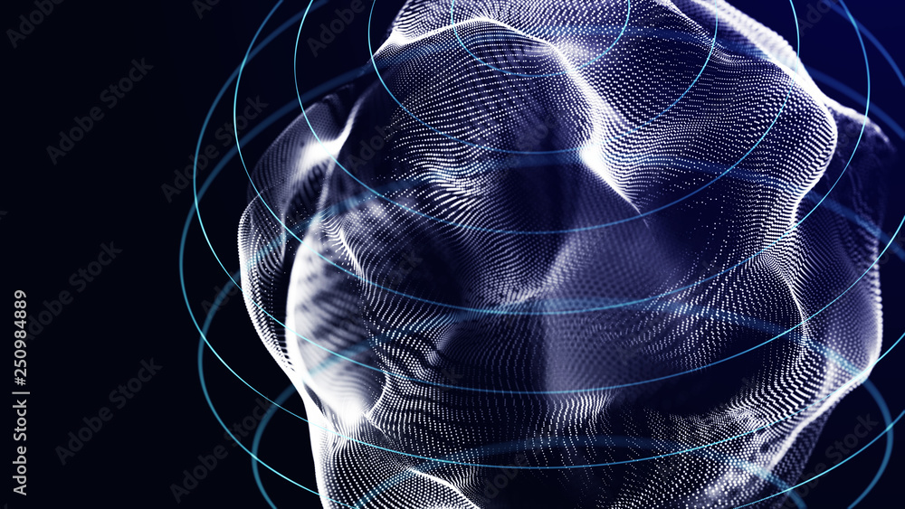 Poster Futuristic orbit in space. Abstract system of science and technology in form of sphere. Array with dynamic particles. 3D rendering.