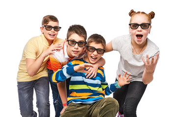 Preteen boys and girl having fun, wearing 3D movie glasses and watching cinema, crazy facial expression, surprised kids, portrait of a screaming teens, children with open mouths