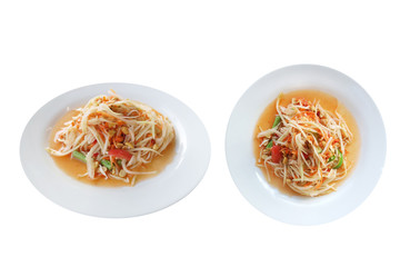 Spicy and sour salad made with papaya salad, isolated on white background with clipping path. Speaking Thailand " Somtam Thai "