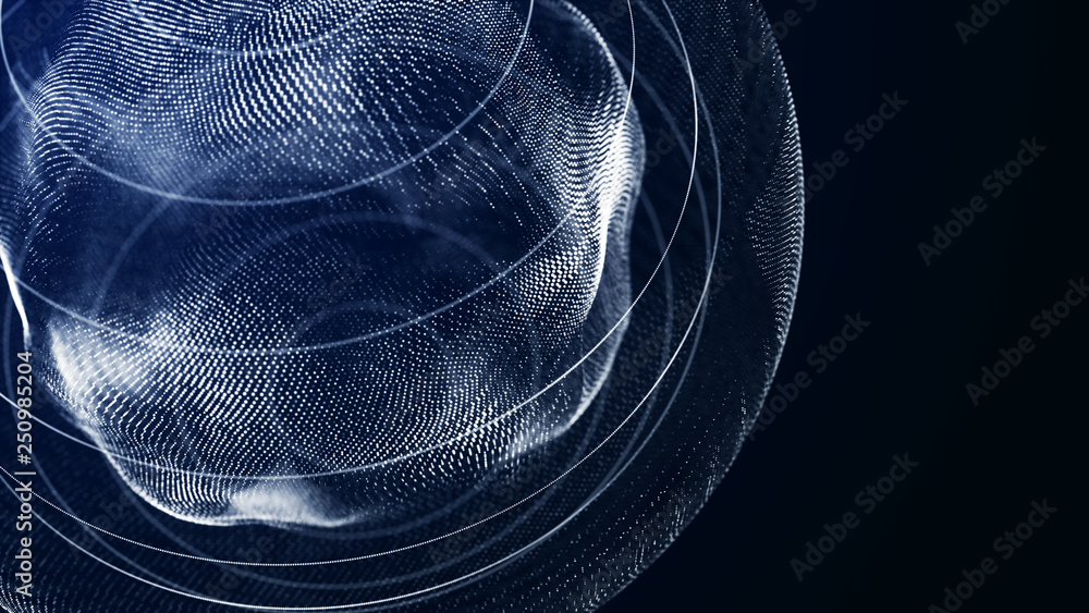 Poster Futuristic orbit in space. Abstract system of science and technology in form of sphere. Array with dynamic particles. 3D rendering.