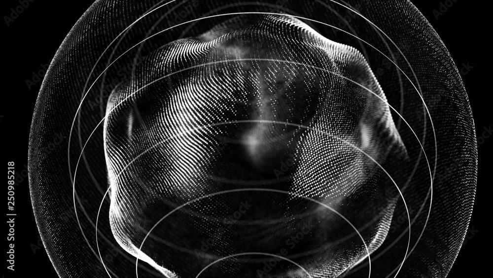 Poster Futuristic orbit in space. Abstract system of science and technology in form of sphere. Array with dynamic particles. 3D rendering.