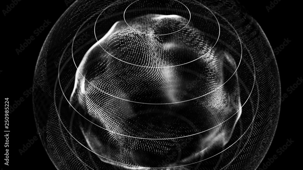 Poster Futuristic orbit in space. Abstract system of science and technology in form of sphere. Array with dynamic particles. 3D rendering.
