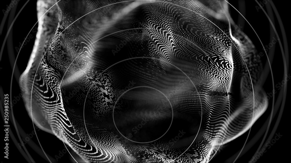 Poster Futuristic orbit in space. Abstract system of science and technology in form of sphere. Array with dynamic particles. 3D rendering.