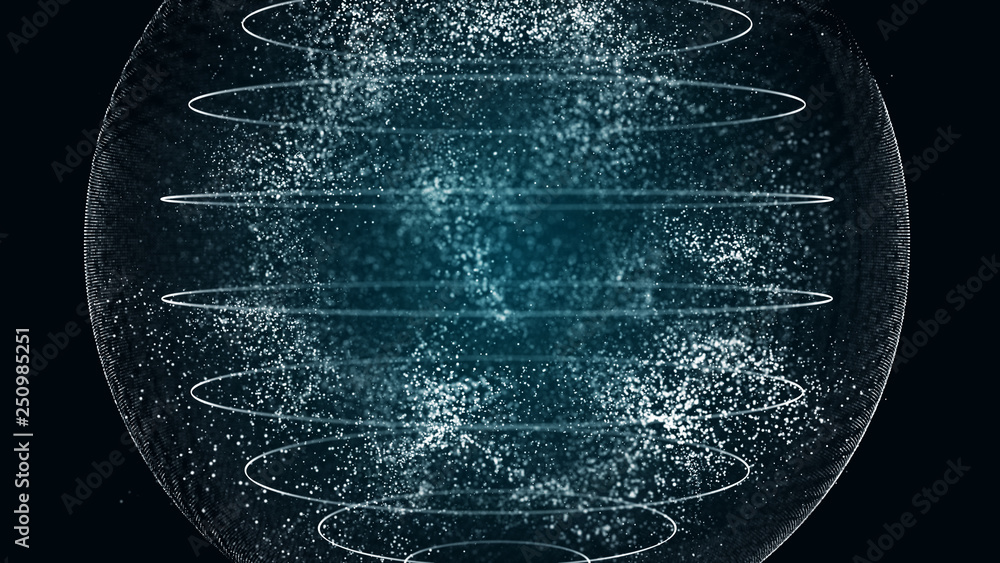 Poster Futuristic orbit in space. Abstract system of science and technology in form of sphere. Array with dynamic particles. 3D rendering.