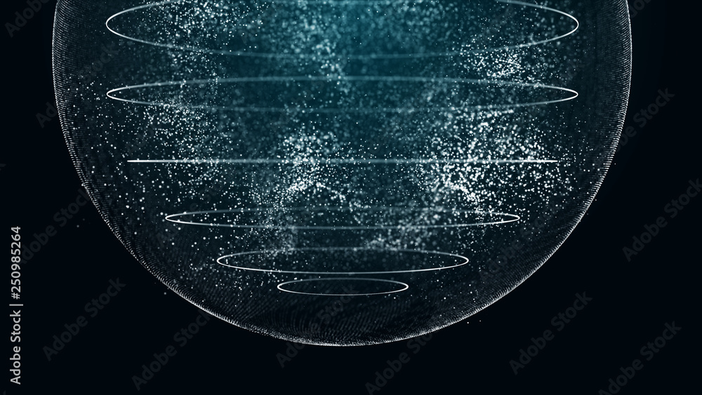 Poster Futuristic orbit in space. Abstract system of science and technology in form of sphere. Array with dynamic particles. 3D rendering.