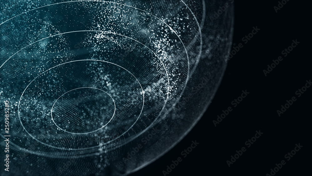 Poster Futuristic orbit in space. Abstract system of science and technology in form of sphere. Array with dynamic particles. 3D rendering.