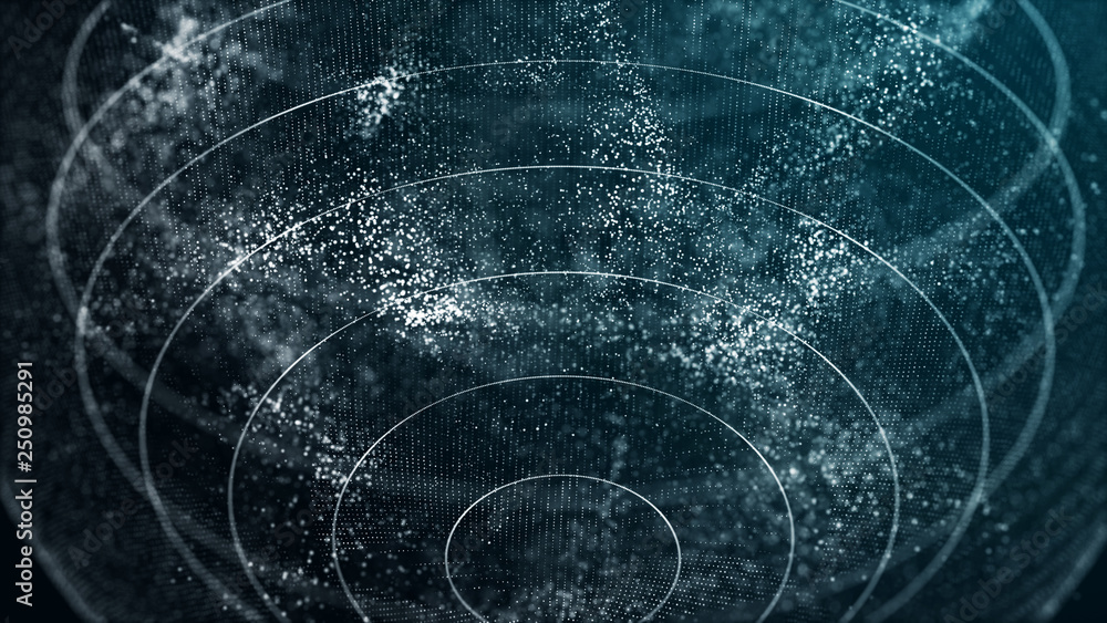 Poster Futuristic orbit in space. Abstract system of science and technology in form of sphere. Array with dynamic particles. 3D rendering.
