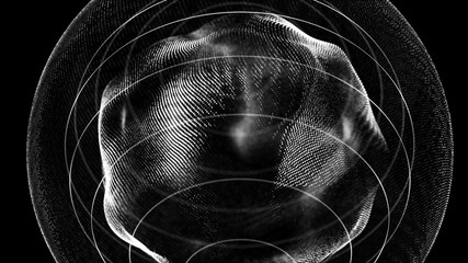 Futuristic orbit in space. Abstract system of science and technology in form of sphere. Array with dynamic particles. 3D rendering. © Tetiana