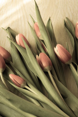 Spring, a bouquet of flowers, pink tulips, out of focus, wooden table 
