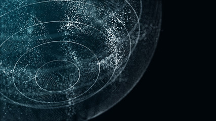 Futuristic orbit in space. Abstract system of science and technology in form of sphere. Array with dynamic particles. 3D rendering. © Tetiana