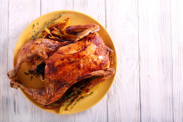 Roast thyme chicken on plate