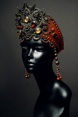  Mannequin head in creative goldish red Russian kokoshnick with jewels