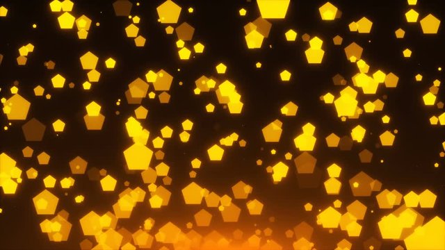 Many gold glittering pentagones are in space, holiday 3d rendering background, golden explosion of confetti