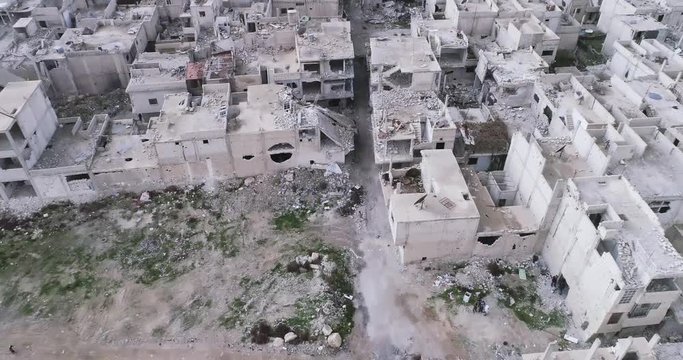 Damascus suburb destroyed in aerial view, Syria