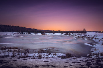 Night countryside landscape on full moon.