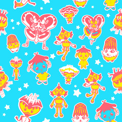 Cartoon seamless pattern with cute  creatures. Vector illustration for kids. Use for print design, surface design, fashion kids wear 