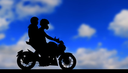 Fototapeta na wymiar silhouette of lover couple in blue sky with classic motorcycle