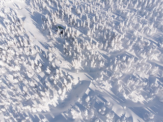 Aerial view of Ice monster or Juhyo at Zao ropeway, Yamagata, Japan