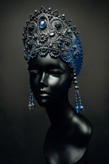 Mannequin head in dark silver blue headwear kokoshnik